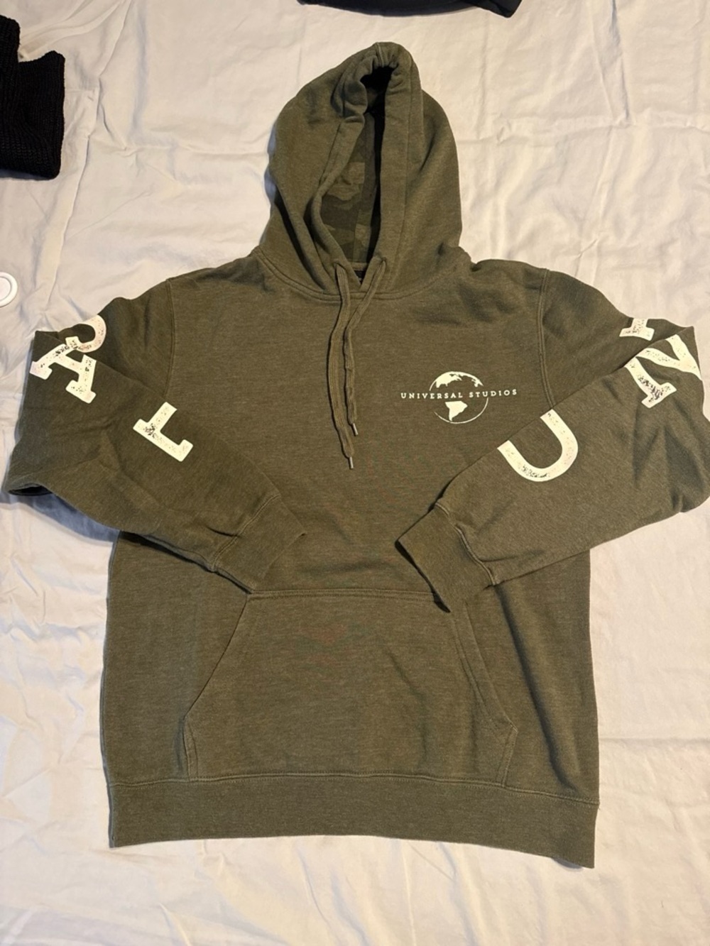 Universal Olive Green Pullover Hoodie with White Sleeve Lettering